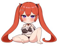Rule 34 | 1girl, barefoot, bikini, black bikini, blush, breasts, chibi, cleavage, large breasts, last origin, looking at viewer, may of doom, miman (hasutaro stream), official alternate costume, purple eyes, red hair, sidelocks, simple background, solo, spread legs, swimsuit, twintails, white background