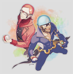 Rule 34 | 2boys, archie (pokemon), brown hair, closed mouth, commentary request, creatures (company), facial hair, game freak, glasses, holding, holding poke ball, jewelry, kusuribe, long sleeves, male focus, maxie (pokemon), multiple boys, necklace, nintendo, open mouth, orange hair, poke ball, poke ball (basic), pokemon, pokemon oras, sideways glance, signature, smile, teeth, tongue