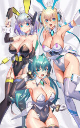 Rule 34 | 3girls, :d, animal ears, antenna hair, aqua eyes, aqua hair, arm behind head, arm strap, arm up, armpits, bare shoulders, black footwear, black leotard, black sleeves, blonde hair, blunt bangs, blush, boots, breasts, cleavage, closed mouth, collar, collarbone, commentary request, covered navel, detached collar, detached sleeves, elbow gloves, facial mark, fake animal ears, fake tail, gariben girl v, garter straps, gloves, gradient hair, grey footwear, grey hair, grey leotard, groin, hair between eyes, headgear, highres, large breasts, leotard, long hair, looking at viewer, mecha musume, multicolored hair, multiple girls, official art, open mouth, playboy bunny, purple hair, purple nails, rabbit ears, rabbit tail, short hair, sidelocks, sitting, skindentation, smile, standing, standing on one leg, stool, strapless, strapless leotard, tail, takamine nadare, thigh boots, two-tone hair, white leotard, wrist cuffs