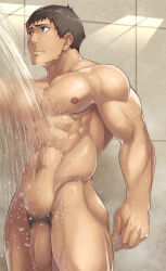 Rule 34 | 1boy, 8 (yamalu), abs, bara, brown hair, closed mouth, completely nude, flaccid, idolmaster, idolmaster side-m, large pectorals, male focus, male pubic hair, muscular, muscular male, navel, nipples, nude, pectorals, penis, pubic hair, shingen seiji, short hair, shower (place), showering, solo, water, wet, wet face, wet hair