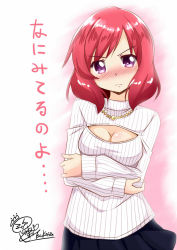Rule 34 | 10s, 1girl, artist name, blush, breasts, cleavage cutout, clothing cutout, crossed arms, jewelry, love live!, love live! school idol project, meme attire, nishikino maki, open-chest sweater, purple eyes, red hair, short hair, signature, simple background, skirt, small breasts, sweater, translated, tsukasa 0913, turtleneck
