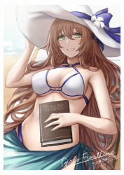 Rule 34 | 1girl, bad id, bad pixiv id, bare arms, bare shoulders, bikini, blue bow, book, bow, breasts, brown hair, cleavage, criss-cross halter, girls&#039; frontline, green eyes, grin, halterneck, hand on headwear, hand up, hat, hat bow, highres, holding, large breasts, long hair, looking at viewer, o-ring, o-ring bikini, official alternate costume, reclining, sarong, selcky, smile, solo, springfield (girls&#039; frontline), springfield (stirring mermaid) (girls&#039; frontline), sun hat, swimsuit, white bikini, white hat
