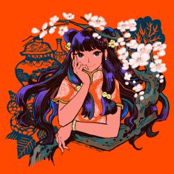 Rule 34 | 1girl, aqua eyes, blunt bangs, bracelet, branch, chinese clothes, double bun, earrings, flower, hair bun, hand up, highres, jewelry, long hair, looking at viewer, nail polish, plant, purple hair, ranma 1/2, red background, red nails, shampoo (ranma 1/2), short sleeves, simple background, solo, tomidoron, white flower