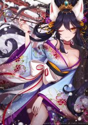 Rule 34 | 10s, 1girl, 2016, ango, animal ears, ankkoyom, bad id, bad pixiv id, beads, black hair, bow, breasts, cleavage, collarbone, dated, eyelashes, eyeliner, eyeshadow, fingernails, floral print, flower, fox, fox ears, glint, hair between eyes, hair flower, hair ornament, hair stick, highres, holding, holding smoking pipe, japanese clothes, jewelry, kimono, kiseru, large bow, large breasts, long fingernails, long hair, looking at viewer, makeup, nail polish, obi, one eye closed, open mouth, original, outdoors, smoking pipe, red nails, sash, sharp fingernails, shrine, slit pupils, smile, snowing, solo, sparkle, torii, branch, upper body, watermark, yellow eyes, yuujo