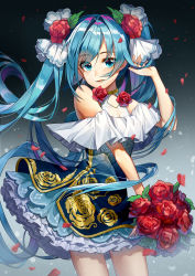 Rule 34 | 1girl, absurdres, akeome, bare shoulders, blue eyes, blue hair, blush, bouquet, commentary, cowboy shot, dress, eyes visible through hair, floral print, flower, frilled dress, frills, gradient background, hair flower, hair ornament, hair over shoulder, hand up, happy new year, hatsune miku, highres, holding, holding bouquet, illian-san, light blush, long hair, new year, petals, rose, smile, solo, thighs, turning head, twintails, very long hair, vocaloid