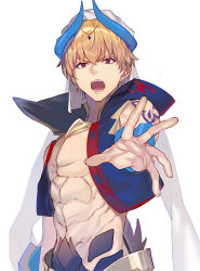 Rule 34 | 1boy, abs, absurdres, arabian clothes, blonde hair, cropped vest, earrings, fate/grand order, fate (series), gilgamesh, gilgamesh (caster) (fate), gilgamesh (fate), hair between eyes, hat, highres, jewelry, male focus, open mouth, pectorals, red eyes, robe, short hair, simple background, solo, tattoo, toned, toned male, tsukudani (ore624), turban, vest, white background, white robe