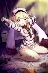 Rule 34 | 1girl, absurdres, azur lane, ball and chain restraint, blonde hair, chain, cocktail glass, cuffs, cup, drinking glass, grozny (azur lane), grozny (bad bunny behind bars) (azur lane), hat, highres, long hair, long sleeves, looking at viewer, one eye closed, open mouth, pg (pege544), prison clothes, purple eyes, shackles, shirt, solo, striped clothes, striped shirt, white hat