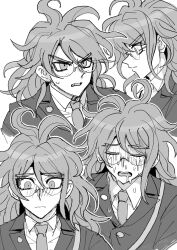 Rule 34 | 1boy, angry, blush, buttons, closed mouth, collared shirt, cropped torso, crying, danganronpa (series), danganronpa v3: killing harmony, glasses, gokuhara gonta, greyscale, highres, jacket, kumakoro (tetsupag), long hair, male focus, messy hair, monochrome, multiple views, necktie, open mouth, outline, round eyewear, shirt, white outline