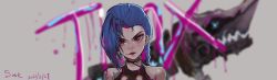 Rule 34 | 1girl, absurdres, arcane: league of legends, arcane jinx, asymmetrical bangs, bare shoulders, black shirt, blouse, blue hair, blurry, blurry background, braid, character name, choker, closed mouth, dated, highres, incredibly absurdres, jinx (league of legends), league of legends, long hair, looking at viewer, paint, paint on body, portrait, red eyes, rocket launcher, shirt, shoulder tattoo, solo, susie (mjzu5828), tattoo, weapon