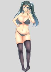 Rule 34 | 10s, 1girl, alternate costume, bad id, bad twitter id, bell, bikini, black bikini, blue eyes, blue hair, blush, bow, breasts, choker, cleavage, collarbone, covered erect nipples, fellatio gesture, full body, grey background, hair bow, hand on own hip, isuzu (kancolle), kantai collection, kisaragi nana, large breasts, long hair, looking at viewer, matching hair/eyes, navel, oral simulation, simple background, skindentation, smile, solo, swimsuit, thighhighs, twintails, underwear, white bow