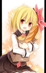 Rule 34 | 1girl, baguette, blonde hair, blush, bread, food, hair ribbon, looking at viewer, open mouth, pillarboxed, red eyes, ribbon, rumia, short hair, solo, touhou, yuuhagi (amaretto-no-natsu)