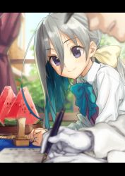 Rule 34 | 1boy, 1girl, admiral (kancolle), blue bow, blue hair, blue neckwear, blurry, blush, bow, bowtie, closed mouth, collared shirt, curtains, depth of field, dress, food, nib pen (object), fruit, gloves, gradient hair, hair between eyes, hat, highres, indoors, jewelry, kantai collection, kawakami rokkaku, kiyoshimo (kancolle), letterboxed, long hair, long sleeves, multicolored hair, pen, purple eyes, ring, shirt, silver hair, sleeveless, sleeveless dress, smile, solo focus, stamp, table, tray, watermelon, watermelon seeds, wedding band, white gloves, white shirt, window, wing collar, writing