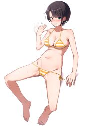 1girl absurdres adapted_costume barefoot bikini black_hair blue_eyes breasts cleavage fanning_self groin highres hololive invisible_chair kamikami looking_at_viewer lowleg lowleg_bikini medium_breasts navel oozora_subaru oozora_subaru_(hololive_summer_2019) short_hair side-tie_bikini_bottom sitting solo striped_bikini striped_clothes swept_bangs swimsuit virtual_youtuber yellow_bikini