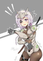 Rule 34 | !, !!, 1girl, 2016, ^^^, absurdres, armor, artist name, bad id, bad pixiv id, between fingers, blush, bodysuit, braid, breasts, cosplay, cowboy shot, dated, eyepatch, genji (overwatch), genji (overwatch) (cosplay), grey background, headgear, highres, holding, horns, katana, light purple hair, long hair, looking at viewer, open mouth, overwatch, overwatch 1, power armor, purple eyes, sheath, shuriken, simple background, sirius (warship girls r), skin tight, skindentation, solo, standing, sword, thigh strap, warship girls r, weapon, white background, white hair, zhudacaimiao