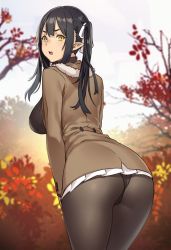 Rule 34 | &gt;:o, 1girl, :o, ass, autumn, autumn leaves, black hair, black panties, black pantyhose, black sweater, blurry, blush, breasts, cowboy shot, day, depth of field, elf, elf (houtengeki), from behind, houtengeki, large breasts, leaning forward, long hair, long sleeves, looking at viewer, miniskirt, open mouth, original, outdoors, panties, panties under pantyhose, pantyhose, pantyshot, plant, pleated skirt, pointy ears, ribbed sweater, round teeth, skirt, sky, solo, standing, sweater, teeth, thighs, tree, twintails, underwear, upskirt, v-shaped eyebrows, white skirt, yellow eyes