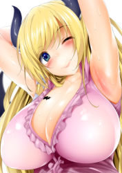 Rule 34 | 1girl, armpits, arms behind back, arms up, bat tattoo, blonde hair, blouse, blue eyes, blush, breast tattoo, breasts, cleavage, closed mouth, collarbone, demon girl, demon horns, demon wings, fumihiko (fu mihi ko), highres, hololive, horns, large breasts, lips, long hair, looking at viewer, one eye closed, pink shirt, shirt, sleeveless, sleeveless shirt, smile, solo, sweat, tattoo, virtual youtuber, white background, wings, yuzuki choco, yuzuki choco (1st costume)