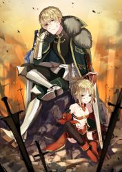 Rule 34 | 1boy, 1girl, absurdres, arm support, armored boots, bare shoulders, black pants, black shirt, black thighhighs, blonde hair, blurry, blurry foreground, boots, breasts, bruise, cape, cleavage, closed mouth, commentary request, depth of field, derori, detached sleeves, fate/apocrypha, fate/grand order, fate (series), fur-trimmed cape, fur trim, green cape, green eyes, hair between eyes, highres, injury, long hair, long sleeves, looking at viewer, mordred (fate), mordred (fate/apocrypha), pants, parted bangs, pelvic curtain, planted, planted sword, planted weapon, red footwear, shirt, sitting, sleeves past wrists, small breasts, sword, thighhighs, weapon