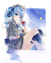 Rule 34 | 1girl, apple, beret, black choker, black gloves, blue eyes, blue hair, blue ribbon, blush, choker, cityscape, dress, drink, feet, food, fruit, gloves, grey dress, grey hat, hair ribbon, hat, highres, holding, holding drink, hololive, hoshimachi suisei, hoshimachi suisei (1st costume), juice box, kei (keigarou), knees up, looking at viewer, medium hair, night, outdoors, parted lips, partially fingerless gloves, ribbon, shooting star, side ponytail, sitting, sky, solo, star (sky), star (symbol), starry sky, thighs, virtual youtuber
