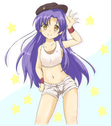 Rule 34 | 10s, 1girl, blue hair, brown eyes, chigusa, crop top, flat chest, hand on own hip, highres, idolmaster, idolmaster (classic), idolmaster 2, kisaragi chihaya, midriff, navel, short shorts, shorts, solo, tank top, wristband