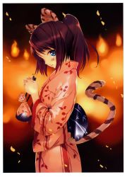 Rule 34 | 1girl, absurdres, animal ears, bag, blue eyes, blush, brown hair, fire, highres, huge filesize, japanese clothes, kimono, leaf, long hair, looking at viewer, obi, original, parted lips, petals, ponytail, pouch, sash, scan, sideways glance, solo, tail, tiger ears, tiger tail, ueda ryou