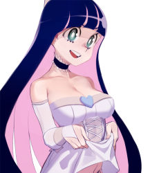 Rule 34 | 1girl, bare shoulders, black choker, breasts, bridal gauntlets, choker, cleavage, clothes lift, clothes pull, collarbone, corset, detached sleeves, dress, dress lift, elbow gloves, gloves, green eyes, highres, large breasts, long hair, multicolored hair, navel, open mouth, panty &amp; stocking with garterbelt, pink hair, pulling own clothes, purple hair, sho-n-d, simple background, smile, stocking (psg), stomach, teeth, two-tone hair, upper teeth only, white background, white dress