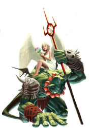 Rule 34 | absurdres, armor, bad id, bad pixiv id, bare shoulders, barefoot, blonde hair, bouquet, dress, flower, highres, neg, ogre, original, pointy ears, polearm, short hair, sitting, sitting on person, tail, weapon, wings