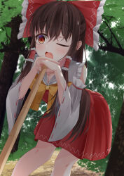 Rule 34 | 1girl, absurdres, backlighting, bare shoulders, bent over, blush, bow, bowtie, breasts, broom, brown hair, cleavage, day, detached sleeves, dutch angle, ekidona, feet out of frame, forest, frills, hair between eyes, hair bow, hair tubes, hakurei reimu, highres, long hair, looking away, medium breasts, nature, open mouth, outdoors, red eyes, red skirt, red vest, sigh, skirt, solo, sparkle, touhou, tree, very long hair, vest, yellow bow, yellow bowtie