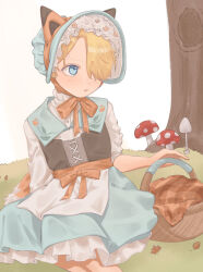 Rule 34 | 1boy, :o, aged down, animal ears, basket, blonde hair, blue dress, blue eyes, blue headwear, blush, chin strap, commentary, cropped legs, curly eyebrows, dress, flower (symbol), fly agaric, fox ears, fox tail, frilled dress, frills, grass, highres, leaf, lily-summer-0607, lolita fashion, long bangs, looking to the side, male focus, mushroom, one piece, open mouth, orange ribbon, petticoat, ribbon, sanji (one piece), short hair, short sleeves, simple background, sitting, sweet lolita, tail, tree, white background