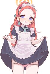 Rule 34 | 1girl, absurdres, apron, blue archive, blue bow, blue bowtie, blue dress, blush, bow, bowtie, collared shirt, cowboy shot, dress, flat chest, forehead, frilled apron, frills, halo, highres, korean commentary, lk149, long hair, looking at viewer, maid, maid apron, maid headdress, nose blush, official alternate costume, open mouth, panties, panty pull, pink panties, puffy short sleeves, puffy sleeves, purple eyes, red hair, shirt, short sleeves, simple background, skirt hold, solo, sweat, underwear, wavy hair, wavy mouth, white apron, white background, yellow halo, yuzu (blue archive), yuzu (maid) (blue archive)