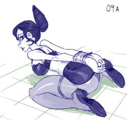 Rule 34 | 1girl, alex ahad, ass, beehive hairdo, bound, bound wrists, bra, breasts, earrings, glasses, hair bun, high heels, highres, jewelry, kneeling, large breasts, leaning forward, lipstick, looking at viewer, looking back, makeup, mole, mole under mouth, mrs. victoria (skullgirls), panties, pantyhose, shoes, single hair bun, skirt, skullgirls, solo, topless, underwear