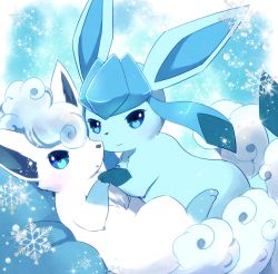 Rule 34 | alolan form, alolan vulpix, blue eyes, closed mouth, colored eyelashes, commentary request, creatures (company), game freak, gen 4 pokemon, gen 7 pokemon, glaceon, holding hands, kemoribon, looking at viewer, nintendo, no humans, pokemon, pokemon (creature), smile, snowflakes, sparkle, white fur