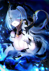 Rule 34 | 1girl, abyssal ship, air defense cruiser princess, blue eyes, breasts, cleavage, dated, eyelashes, fingernails, gloves, glowing, glowing eye, hair over one eye, hi ye, highres, kantai collection, large breasts, long fingernails, long hair, pale skin, parted lips, partially fingerless gloves, solo, spikes, twitter username, white hair