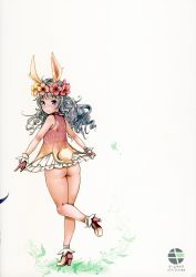 Rule 34 | + +, 1girl, absurdres, animal ears, ass, blue eyes, clothes lift, curly hair, dress, dress lift, elin, flower, from behind, full body, gloves, hair flower, hair ornament, head wreath, high heels, highres, kneepits, legs, long hair, looking back, mary janes, microdress, mojarin (kihara mojarin), no panties, non-web source, rabbit ears, shoes, short dress, silver hair, simple background, sleeveless, sleeveless dress, smile, socks, solo, standing, standing on one leg, symbol-shaped pupils, tail, tera online, white background