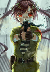 Rule 34 | 1girl, absurdres, aiming, aiming at viewer, armband, bandaged arm, bandages, bandaid, bandaid on arm, bandaid on cheek, bandaid on face, bandaid on nose, belt, belt pouch, black gloves, blood, blood on clothes, blood stain, blurry, broken, broken chain, brown hair, bruise, bruise on face, chain, collar, covered mouth, cuffs, day, depth of field, dust, fingerless gloves, fingernails, floating hair, gloves, green jumpsuit, gun, hair ribbon, handgun, highres, holding, holding gun, holding weapon, injury, jumpsuit, km kaminashi, long hair, looking at viewer, original, outdoors, outstretched arms, own hands together, partially unbuttoned, pouch, red eyes, ribbon, ruins, shackles, shards, solo, straight-on, straight hair, swept bangs, torn ribbon, twintails, upper body, very long hair, weapon, white ribbon