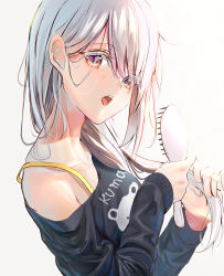Rule 34 | 1girl, bare shoulders, brushing hair, comb, brushing hair, from side, grey hair, highres, holding, holding comb, kinoruru toiro, light, looking at viewer, looking to the side, messy hair, morning, open mouth, original, pajamas, purple eyes, simple background, solo, white background