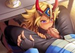 Rule 34 | 1boy, 1girl, animated, assertive female, blonde hair, blush, cup, exhibitionism, fellatio, game cg, head out of frame, hetero, horns, hybrid animation, kamihime project r, long hair, looping animation, open fly, oral, penis, public indecency, purple eyes, raikou (kamihime), solo focus, stealth sex, sweat, table, tagme, uncensored, under table, veins, veiny penis, video