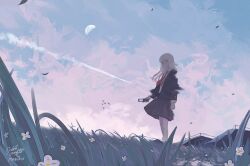 Rule 34 | 1girl, arm at side, artist name, black jacket, black skirt, blonde hair, blue eyes, blue sky, cloud, collared shirt, commentary request, contrail, day, expressionless, floating hair, flower, from side, grass, highres, holding, holding phone, ivelovedsekaowa, jacket, long hair, long sleeves, looking ahead, moon, necktie, original, outdoors, phone, pink pupils, red necktie, scenery, school uniform, shirt, signature, simple bird, skirt, sky, smudge, solo, standing, white flower, white shirt, wide shot, wind