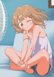 Rule 34 | 1girl, 9so (ponchon), ;), arm support, bare arms, bare legs, barefoot, blunt bangs, brown eyes, casual, collarbone, couch, crossed ankles, electric fan, fang, feet, film grain, floating hair, framed, from side, full body, grey shorts, hair ornament, hairclip, highres, indian style, indoors, light brown hair, looking at viewer, looking to the side, medium hair, on couch, one eye closed, oomuro sakurako, own hands together, panties, panty peek, picture frame, plantar flexion, raised eyebrow, room, shorts, sitting, skin fang, sleeveless, smile, soles, solo, strap slip, tank top, thighs, toenails, toes, underwear, upshorts, v arms, wind, yuru yuri