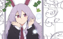 Rule 34 | 1girl, animal ears, black jacket, blazer, blush, buttons, closed mouth, collared shirt, commentary request, dandelion, eyelashes, flower, hair between eyes, twirling hair, hand on own face, head rest, jacket, leaf, light purple hair, long hair, long sleeves, looking at viewer, necktie, nurupo (abooon), purple eyes, rabbit ears, red necktie, reisen udongein inaba, shirt, sidelocks, solo, suit jacket, touhou, white shirt, window, wing collar