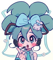 Rule 34 | :o, absurdres, aqua eyes, aqua hair, aqua necktie, aqua ribbon, black headphones, blue bow, blush, bow, bright pupils, cinnamiku, cinnamoroll, commentary request, detached sleeves, dot nose, double-parted bangs, facing viewer, flower, hair between eyes, hair bow, hand up, hatsune miku, headphones, headset, highres, kerberos (kerbe ), korean commentary, long hair, looking up, microphone, necktie, open mouth, pointing, portrait, raised eyebrows, ribbon, sanrio, shirt, simple background, sleeveless, sleeveless shirt, straight-on, teeth, twintails, upper teeth only, vocaloid, white background, wing collar