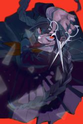 Rule 34 | 1girl, arm up, black shirt, black skirt, braid, danganronpa: trigger happy havoc, danganronpa (series), fukawa toko, genocider shou, glasses, grey sailor collar, highres, holding, holding scissors, joh pierrot, long hair, long sleeves, long tongue, neckerchief, pleated skirt, red background, red eyes, red neckerchief, round eyewear, sailor collar, scissors, shirt, simple background, skirt, solo, teeth, tongue, tongue out, twin braids, twintails
