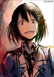 Rule 34 | 10s, brown eyes, brown hair, commentary request, haguro (kancolle), haguro kai ni (kancolle), hair ornament, jacket, k-suwabe, kantai collection, looking at viewer, necktie, open mouth, short hair, sketch, smile, solo, twitter username, upper body