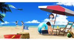 Rule 34 | 3girls, a6m zero, aircraft, airplane, anchor symbol, annin musou, bad id, bad twitter id, barefoot, beach, beach umbrella, black hair, blouse, blue one-piece swimsuit, blue sky, blurry, brown eyes, brown hair, brown skirt, bucket, chair, cloud, commentary request, cooler, cup, day, deck chair, depth of field, drink, drinking glass, flag, flip-flops, food, fruit, hair ornament, hairclip, hat, headgear, highres, horizon, hurricane glass, i-400 (kancolle), i-401 (kancolle), innertube, island, kantai collection, long hair, mini flag, miniskirt, multiple girls, ocean, one-piece swimsuit, open mouth, orange sailor collar, outdoors, palm tree, pleated skirt, ponytail, running, ryuujou (kancolle), sailor collar, sand castle, sand sculpture, sandals, scenery, school swimsuit, shikigami, shirt, short hair, short ponytail, skirt, sky, sleeveless, sleeveless shirt, standing, straw hat, sun hat, suspenders, swim ring, swimsuit, swimsuit under clothes, tan, tree, twintails, umbrella, unworn hat, unworn headwear, watermelon, waving, white shirt, wide shot