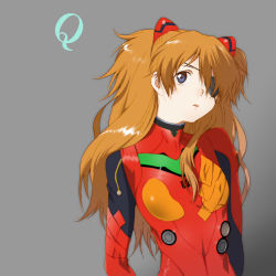Rule 34 | 10s, 1girl, arms at sides, bad id, bad pixiv id, blue eyes, copyright name, evangelion: 3.0 you can (not) redo, eyepatch, grey background, hair over one eye, head tilt, long hair, neon genesis evangelion, orange hair, parted bangs, plugsuit, rebuild of evangelion, simple background, souryuu asuka langley, standing, two side up, yukimitsuki