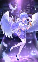 Rule 34 | 1girl, absurdres, alternate costume, angel wings, closed mouth, collared shirt, full body, hair between eyes, head wings, highres, holding, holding ice cream cone, honkai: star rail, honkai (series), ice cream cone, long hair, looking at viewer, mary janes, midriff, purple hair, purple sailor collar, purple skirt, robin (honkai: star rail), sailor collar, school uniform, shirt, shoes, short sleeves, skirt, smile, solo, thighhighs, white shirt, white thighhighs, wings, zettai ryouiki, zhui ming ying xue