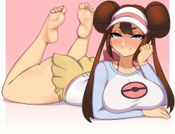 Rule 34 | 1girl, ass, bare legs, barefoot, blue eyes, blush, border, breasts, closed mouth, collarbone, creatures (company), double bun, game freak, gradient background, hair bun, half-closed eyes, highres, large breasts, legs up, long hair, long sleeves, looking at viewer, lying, nintendo, on stomach, pink background, pokemon, pokemon bw2, rosa (pokemon), shnibbles, simple background, skirt, smile, soles, solo, tears, toes, twintails, two-tone shirt, visor cap, white border, yellow skirt