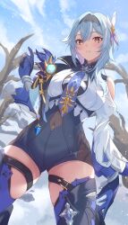 Rule 34 | 1girl, absurdres, black hairband, black shorts, black thighhighs, blue gloves, blue hair, blue necktie, blue sky, breasts, brown eyes, commentary request, commission, covered navel, cowboy shot, day, eula (genshin impact), genshin impact, gloves, hair between eyes, hairband, high-waist shorts, highres, juliet sleeves, long hair, long sleeves, looking at viewer, medium breasts, necktie, parted lips, partial commentary, pixiv commission, puffy sleeves, shirt, short shorts, shorts, skindentation, sky, solo, standing, thighhighs, thighs, vic 1223, white shirt, wide sleeves