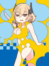 Rule 34 | 1girl, azur lane, bare arms, bare legs, bare shoulders, blonde hair, blood, blood on hands, blood splatter, blush stickers, breasts, bubble filter, cleavage, from side, hair between eyes, headgear, highres, holding, holding knife, horoyuki (gumizoku), knife, looking at viewer, medium breasts, multicolored hair, open mouth, red hair, roon (azur lane), short hair, smile, solo, standing, streaked hair, walking, yellow eyes
