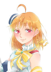 Rule 34 | 1girl, absurdres, ahoge, blue hat, blush, bow, bowtie, braid, closed mouth, clover hair ornament, commentary request, detached sleeves, green brooch, hair bow, hair ornament, hat, highres, idol, idol clothes, kashikaze, looking at viewer, love live!, love live! sunshine!!, medium hair, mini hat, orange hair, red eyes, shirt, side braid, simple background, sleeveless, sleeveless shirt, solo, takami chika, upper body, white background, yellow bow, yellow bowtie