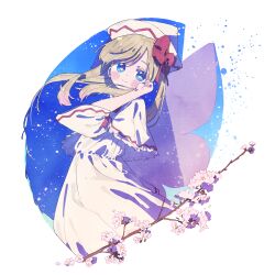 Rule 34 | 1girl, absurdres, blonde hair, blue eyes, blush, capelet, cherry blossoms, closed mouth, commentary, dress, fairy, fairy wings, flower-shaped pupils, from side, hat, highres, light smile, lily white, long hair, looking at viewer, nama udon, petals, solo, symbol-shaped pupils, touhou, white capelet, white dress, white hat, wide sleeves, wings